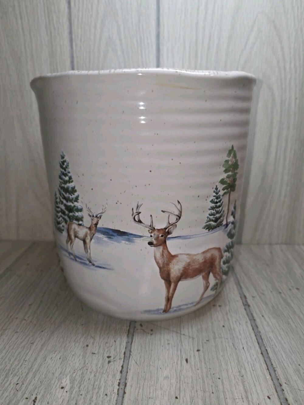 St. Nicholas Square Winter White Country Croc Jar Forest Cabin Deer Planter